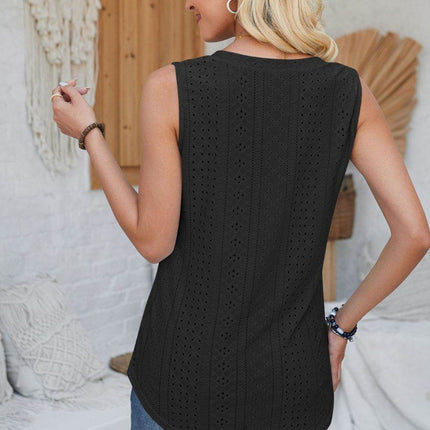 Eyelet Decorative Button V-Neck Tank - MimiStylez