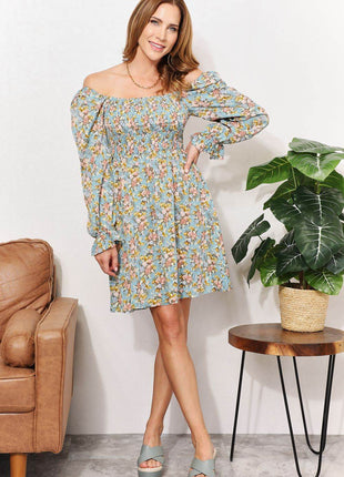 Floral Smocked Flounce Sleeve Square Neck Dress - MimiStylez