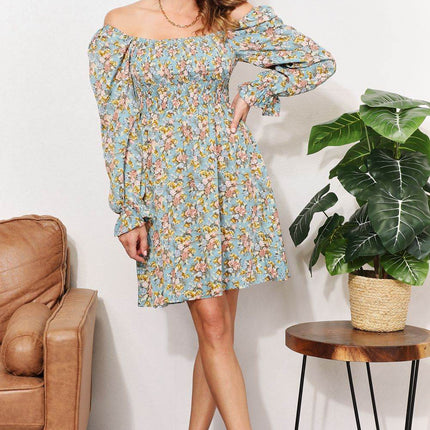 Floral Smocked Flounce Sleeve Square Neck Dress - MimiStylez