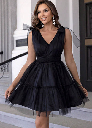 V-Neck Shoulder Detail Mesh Dress - MimiStylez