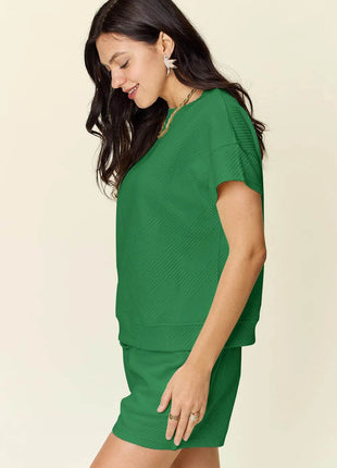 Double Take Full Size Texture Short Sleeve T-Shirt and Drawstring Shorts Set - MimiStylez