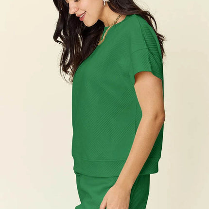 Double Take Full Size Texture Short Sleeve T-Shirt and Drawstring Shorts Set - MimiStylez