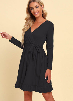 Long Sleeve Tie Waist Ruffle Hem Dress - MimiStylez
