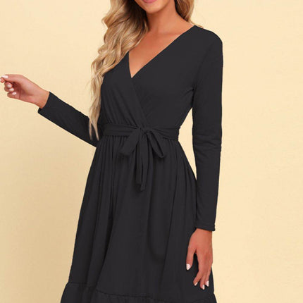 Long Sleeve Tie Waist Ruffle Hem Dress - MimiStylez