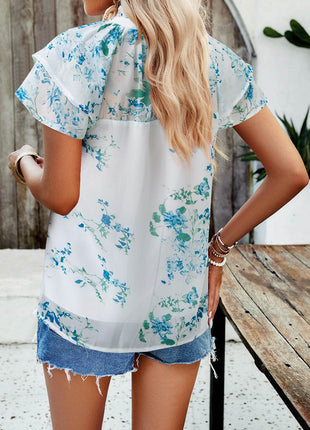 Printed Ruffled Mock Neck Blouse - MimiStylez