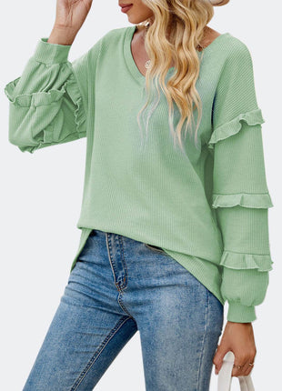 Ruffled V-Neck Long Sleeve T-Shirt - MimiStylez