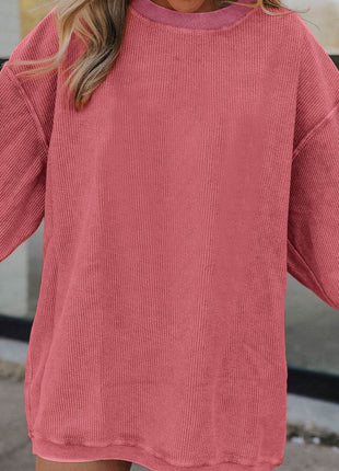 Ribbed Round Neck Drop Shoulder Sweatshirt - MimiStylez