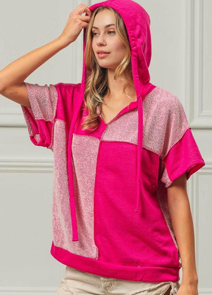 BiBi Color Block Exposed Seam Short Sleeve Hooded Top - MimiStylez