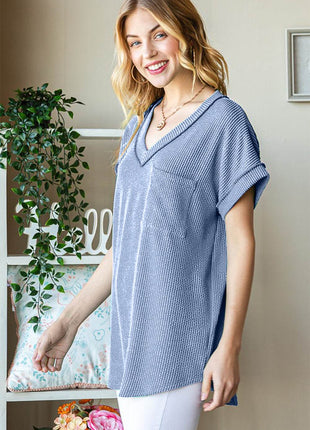 Heimish Full Size Front Pocket Short Sleeve Ribbed Top - MimiStylez