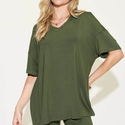 Neck Drop Shoulder T-Shirt and Shorts Set - MimiStylez