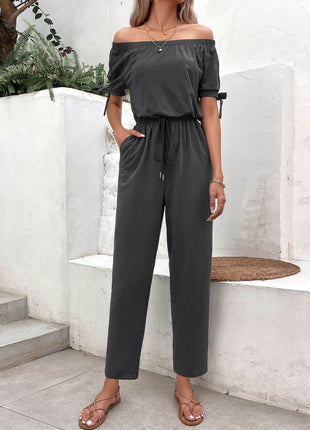Off-Shoulder Tie Cuff Jumpsuit with Pockets - MimiStylez