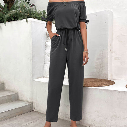 Off-Shoulder Tie Cuff Jumpsuit with Pockets - MimiStylez