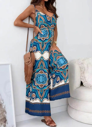Printed V-Neck Wide Leg Jumpsuit - MimiStylez