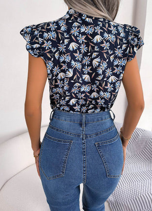 Floral Tie Neck Flutter Sleeve Blouse - MimiStylez