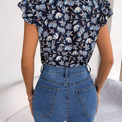 Floral Tie Neck Flutter Sleeve Blouse - MimiStylez