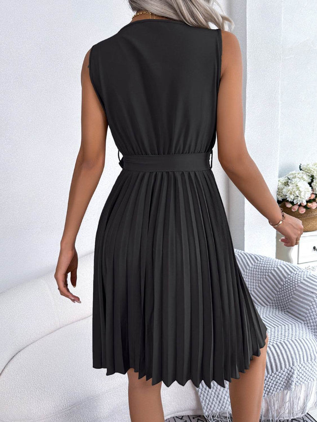 Tied Surplice Sleeveless Pleated Dress - MimiStylez