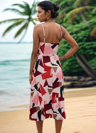 Pleated Geometric Spaghetti Strap Dress - MimiStylez