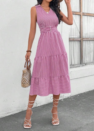 Striped Johnny Collar Sleeveless Midi Dress - MimiStylez
