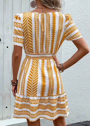 Perfee Geometric Notched Short Sleeve Mini Dress - MimiStylez