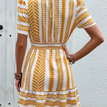 Perfee Geometric Notched Short Sleeve Mini Dress - MimiStylez