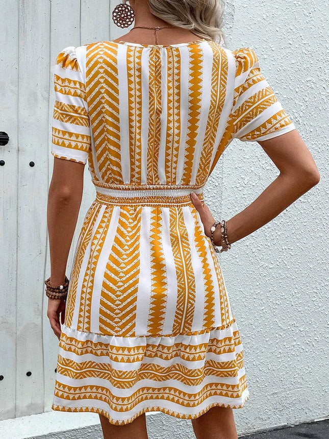 Perfee Geometric Notched Short Sleeve Mini Dress - MimiStylez