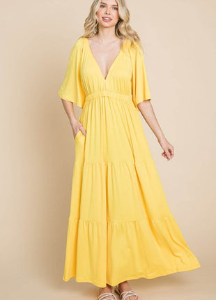 Culture Code Backless Plunge Half Sleeve Tiered Dress - MimiStylez