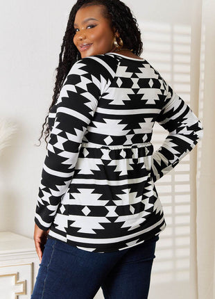 Heimish Full Size Geometric Notched Neck Long Sleeve Top - MimiStylez