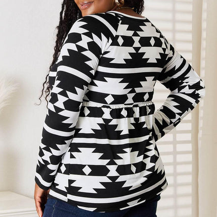 Heimish Full Size Geometric Notched Neck Long Sleeve Top - MimiStylez