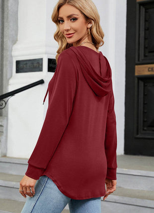 Decorative Button Drawstring Long Sleeve Hoodie - MimiStylez