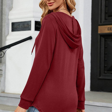 Decorative Button Drawstring Long Sleeve Hoodie - MimiStylez