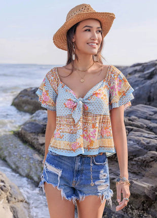 Printed Sweetheart Neck Layered Short Sleeve Blouse - MimiStylez