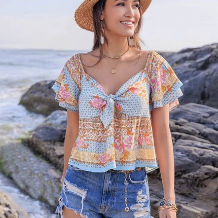 Printed Sweetheart Neck Layered Short Sleeve Blouse - MimiStylez