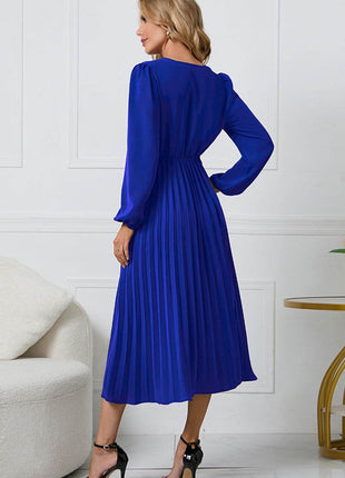 V-Neck Long Sleeve Tie Waist Midi Dress - MimiStylez