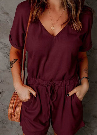Full Size Drawstring V-Neck Short Sleeve Romper - MimiStylez