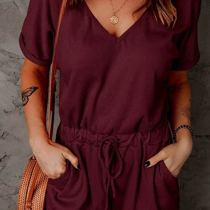Full Size Drawstring V-Neck Short Sleeve Romper - MimiStylez