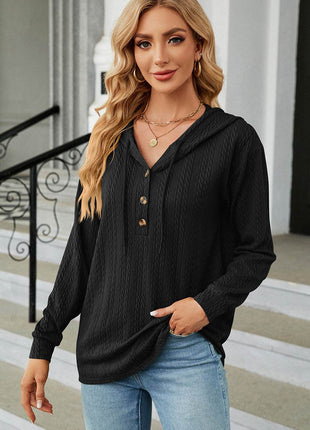 Drawstring Half Button Long Sleeve Hoodie - MimiStylez