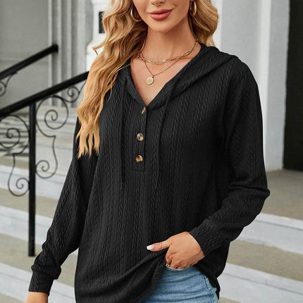 Drawstring Half Button Long Sleeve Hoodie - MimiStylez