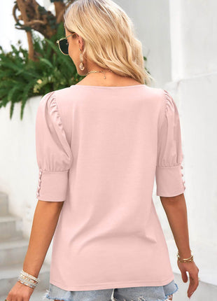Round Neck Lantern Sleeve Blouse - MimiStylez
