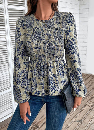 Smocked Printed Balloon Sleeve Blouse - MimiStylez