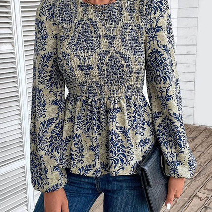 Smocked Printed Balloon Sleeve Blouse - MimiStylez