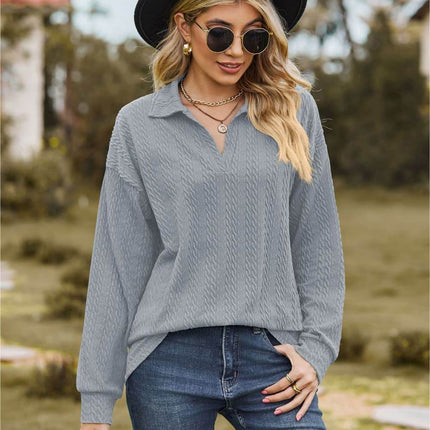 Collared Neck Cable-Knit Long Sleeve Blouse - MimiStylez