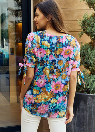 Petal Dew Full Size Floral V-Neck Tie Detail Blouse - MimiStylez