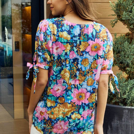 Petal Dew Full Size Floral V-Neck Tie Detail Blouse - MimiStylez