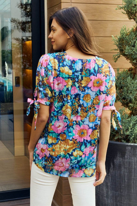Petal Dew Full Size Floral V-Neck Tie Detail Blouse - MimiStylez