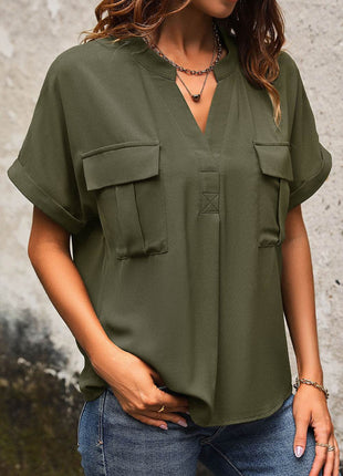 Pocketed Notched Short Sleeve Blouse - MimiStylez