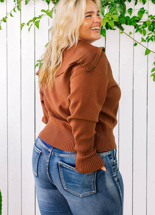 Plus Size Collared Neck Zip-Up Long Sleeve Sweater - MimiStylez