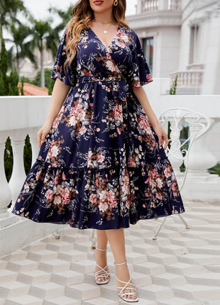 Plus Size Floral Surplice Neck Midi Dress - MimiStylez