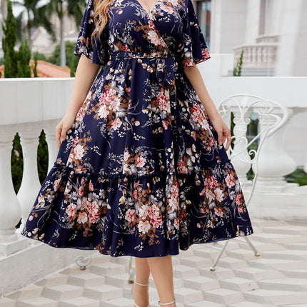 Plus Size Floral Surplice Neck Midi Dress - MimiStylez