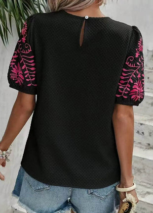 Embroidered Round Neck Short Sleeve Blouse - MimiStylez