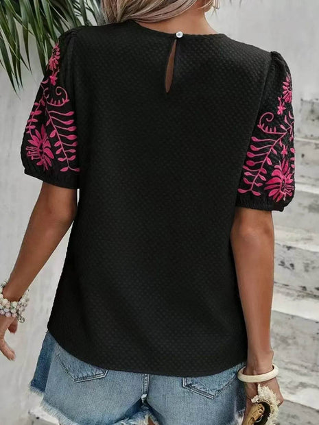 Embroidered Round Neck Short Sleeve Blouse - MimiStylez